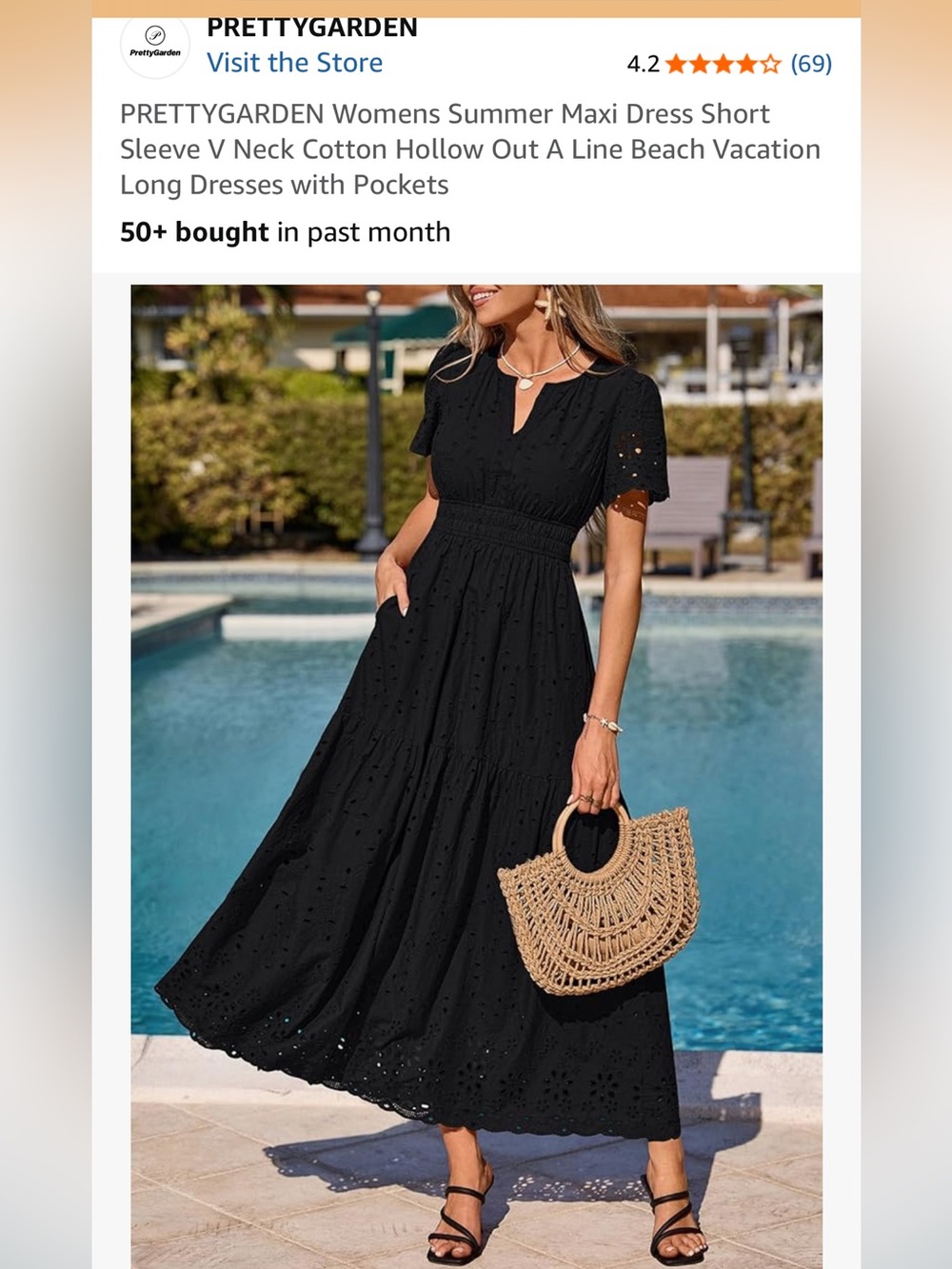 PRETTYGARDEN Black Eyelet V-Neck Maxi Dress with Pockets